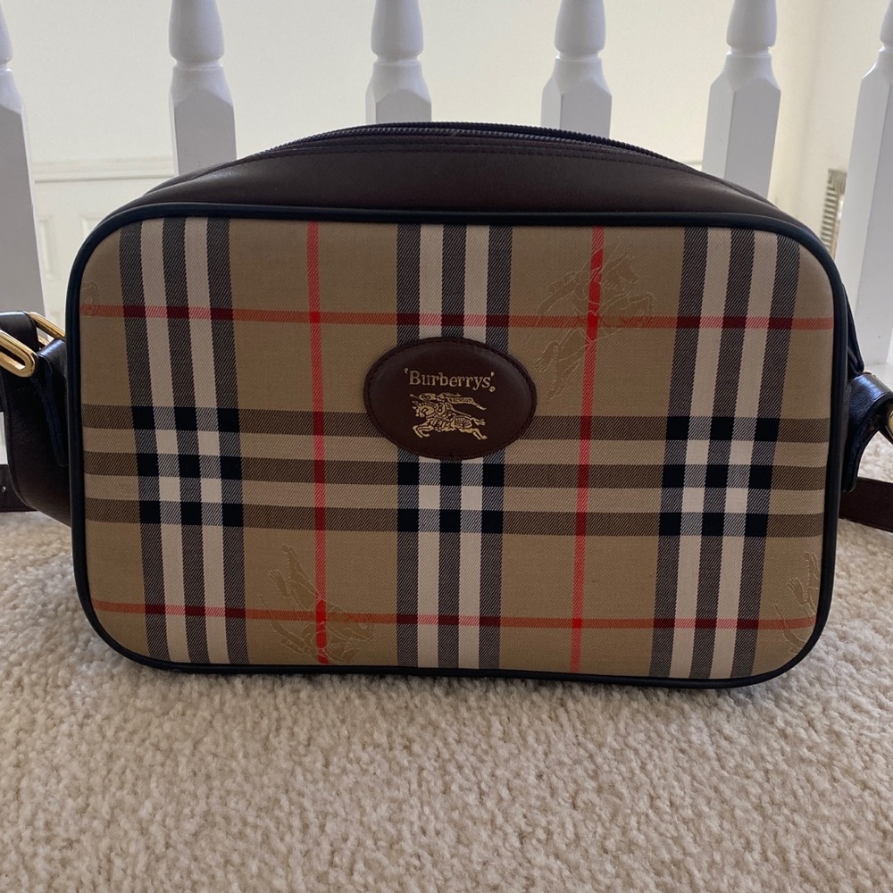 Burberry Beige Tan Check Canvas Messenger Bag with Brown Trim